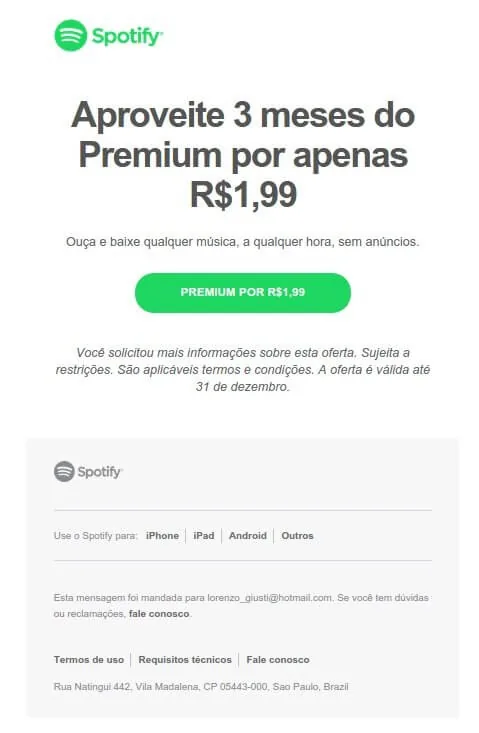 E-mail marketing promocional Spotify